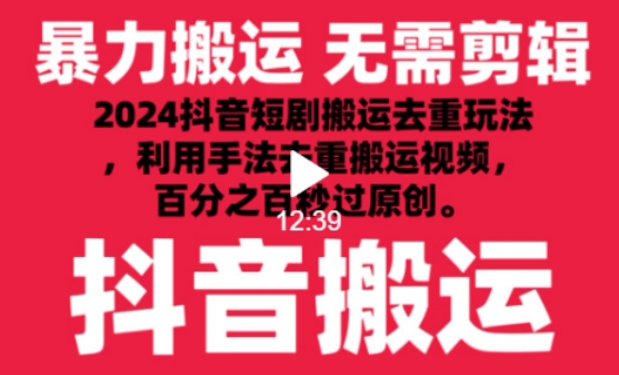 2024最新抖音搬运技术，抖音短剧视频去重，手法搬运，利用工具去重，达到秒过原创的效果-逍遥资源网